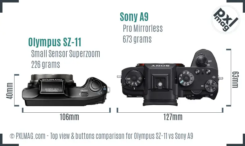 Olympus SZ-11 vs Sony A9 top view buttons comparison
