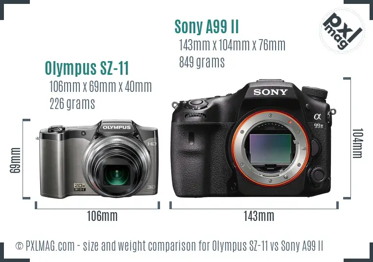 Olympus SZ-11 vs Sony A99 II size comparison