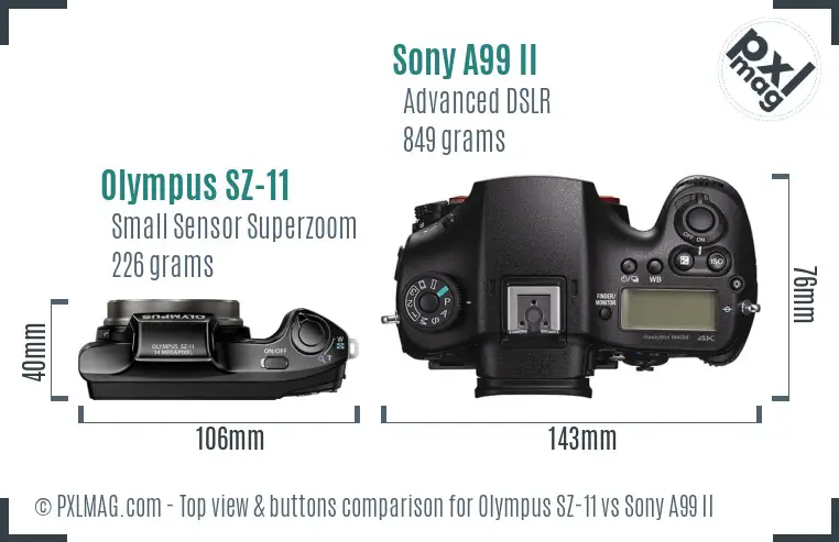 Olympus SZ-11 vs Sony A99 II top view buttons comparison