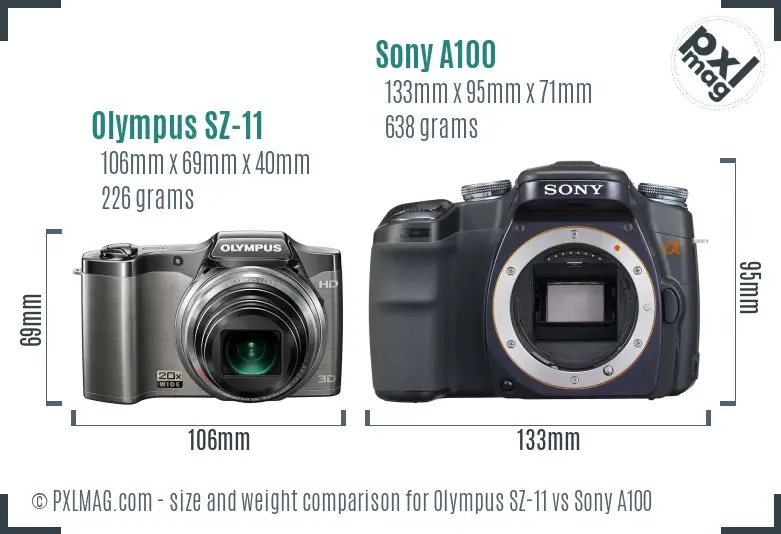 Olympus SZ-11 vs Sony A100 size comparison