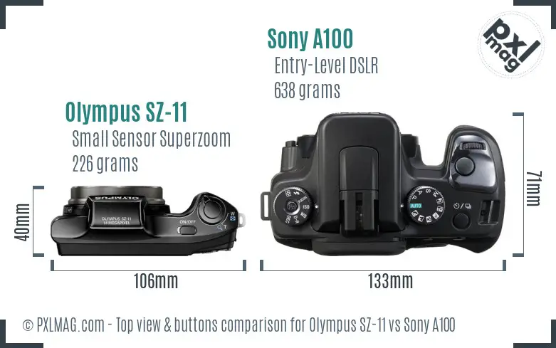 Olympus SZ-11 vs Sony A100 top view buttons comparison