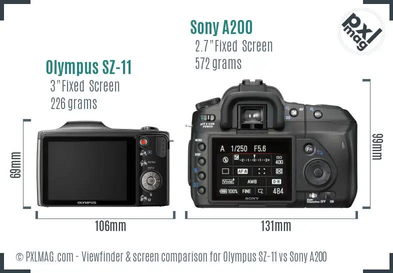 Olympus SZ-11 vs Sony A200 Screen and Viewfinder comparison