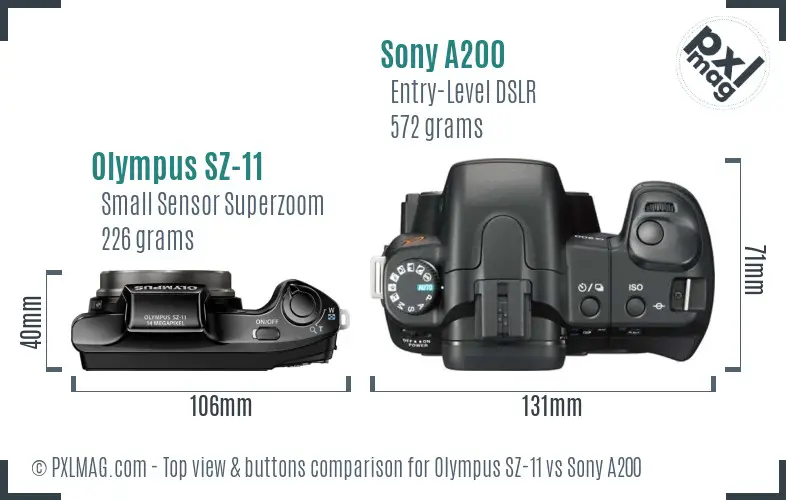 Olympus SZ-11 vs Sony A200 top view buttons comparison