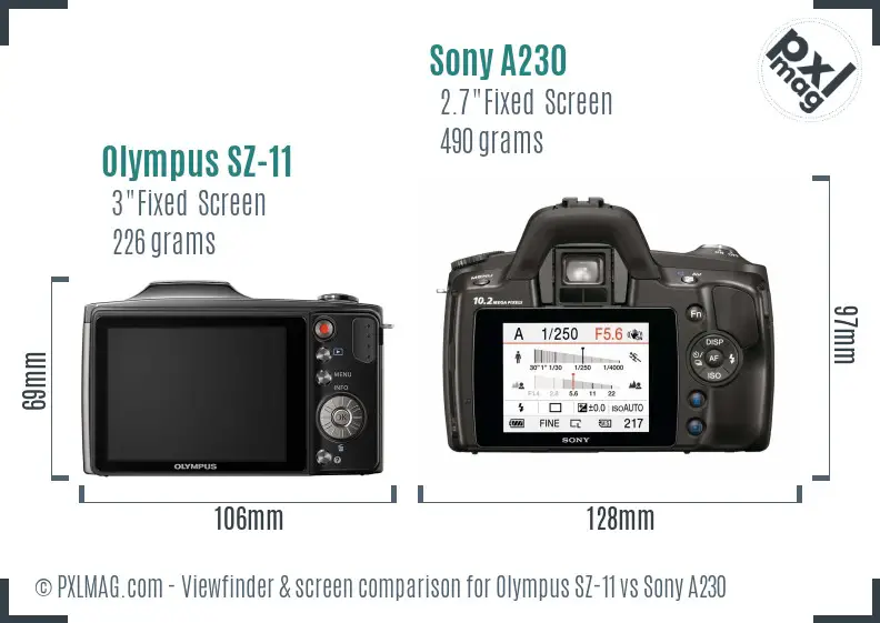 Olympus SZ-11 vs Sony A230 Screen and Viewfinder comparison