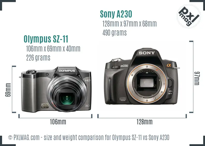 Olympus SZ-11 vs Sony A230 size comparison