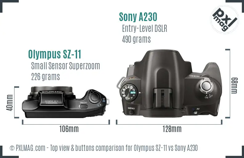 Olympus SZ-11 vs Sony A230 top view buttons comparison
