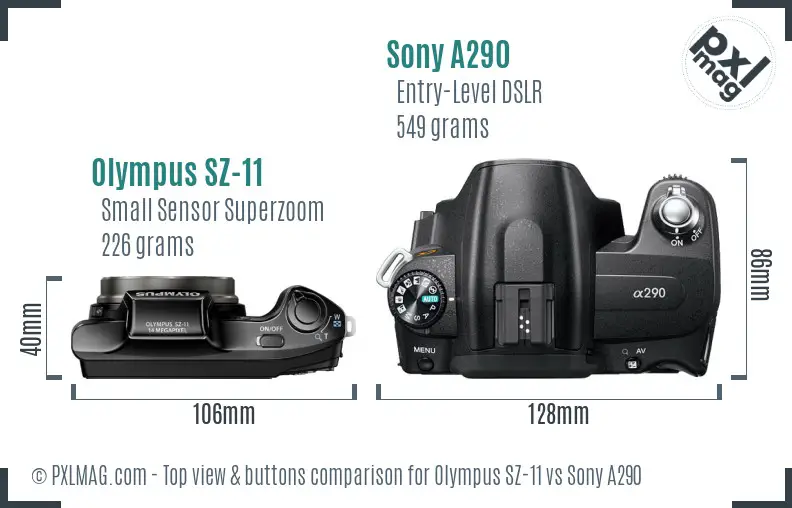 Olympus SZ-11 vs Sony A290 top view buttons comparison