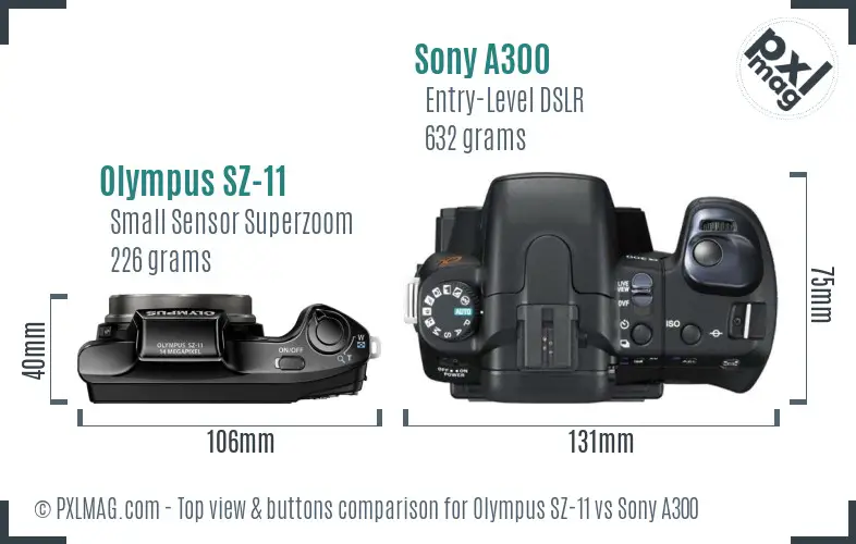 Olympus SZ-11 vs Sony A300 top view buttons comparison