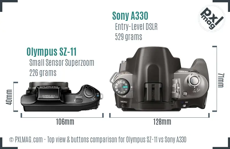 Olympus SZ-11 vs Sony A330 top view buttons comparison