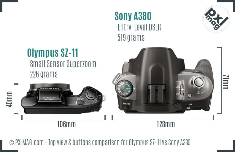 Olympus SZ-11 vs Sony A380 top view buttons comparison