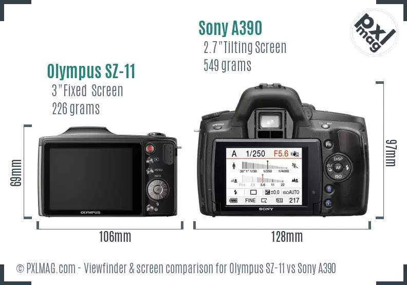 Olympus SZ-11 vs Sony A390 Screen and Viewfinder comparison