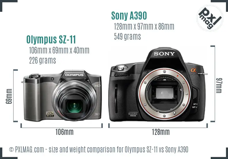 Olympus SZ-11 vs Sony A390 size comparison