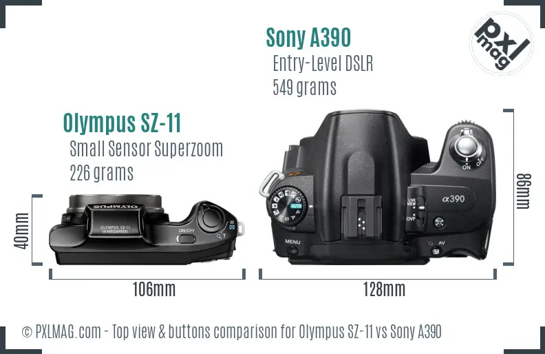 Olympus SZ-11 vs Sony A390 top view buttons comparison