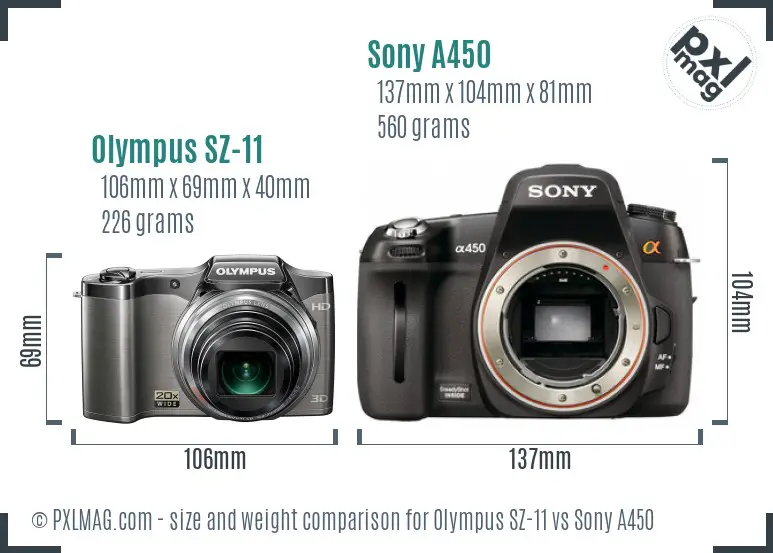 Olympus SZ-11 vs Sony A450 size comparison