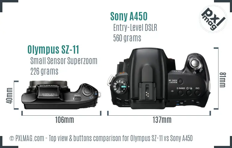 Olympus SZ-11 vs Sony A450 top view buttons comparison