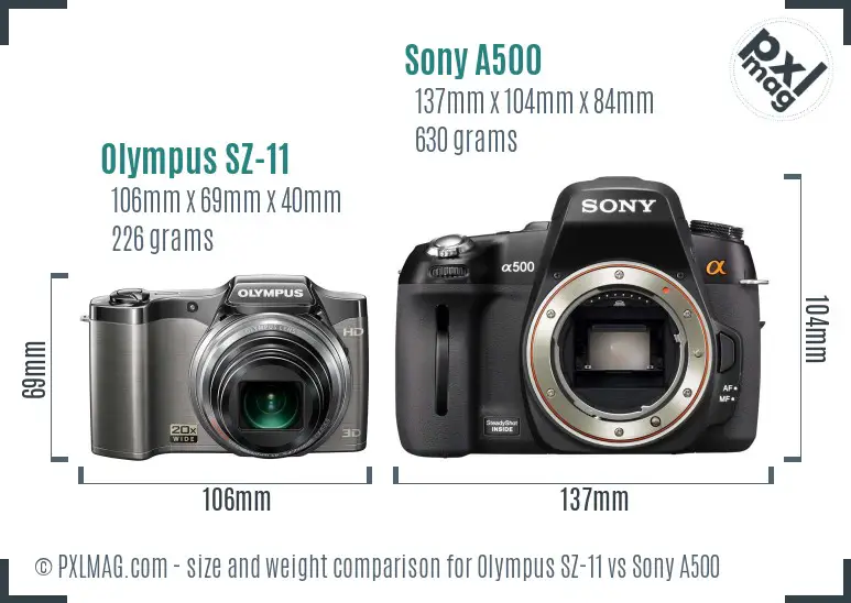Olympus SZ-11 vs Sony A500 size comparison