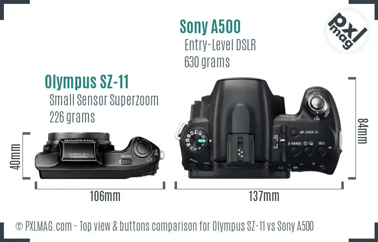 Olympus SZ-11 vs Sony A500 top view buttons comparison