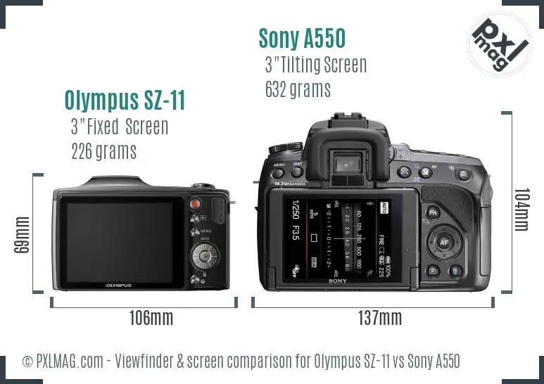 Olympus SZ-11 vs Sony A550 Screen and Viewfinder comparison