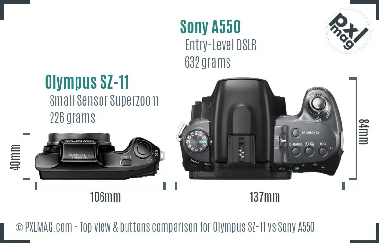 Olympus SZ-11 vs Sony A550 top view buttons comparison