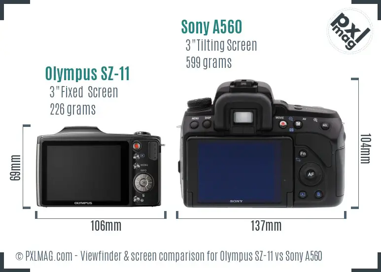 Olympus SZ-11 vs Sony A560 Screen and Viewfinder comparison