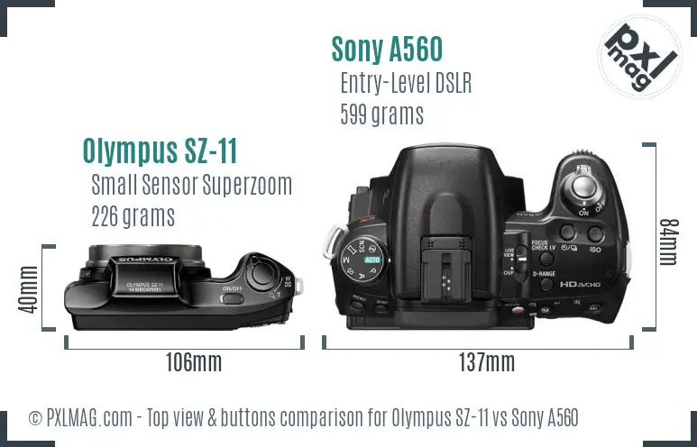 Olympus SZ-11 vs Sony A560 top view buttons comparison