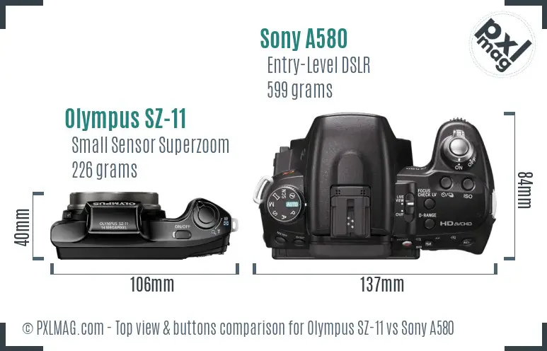Olympus SZ-11 vs Sony A580 top view buttons comparison