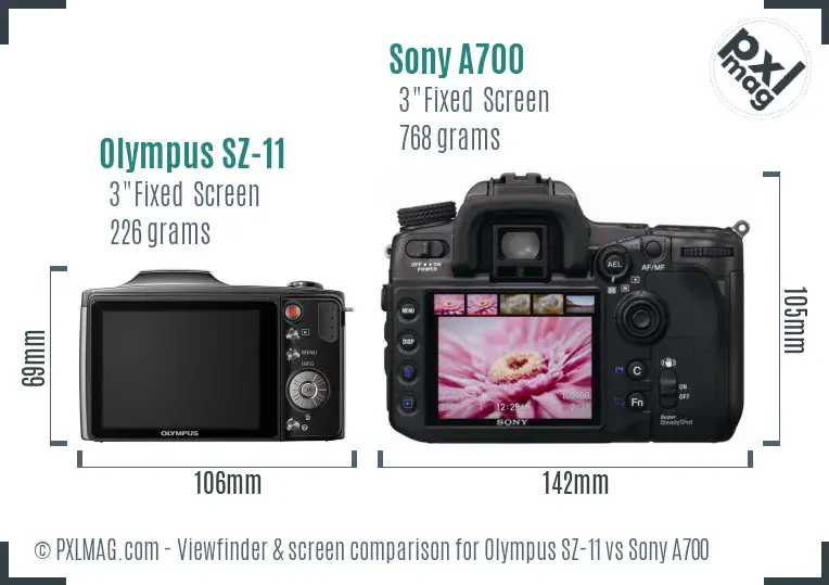 Olympus SZ-11 vs Sony A700 Screen and Viewfinder comparison