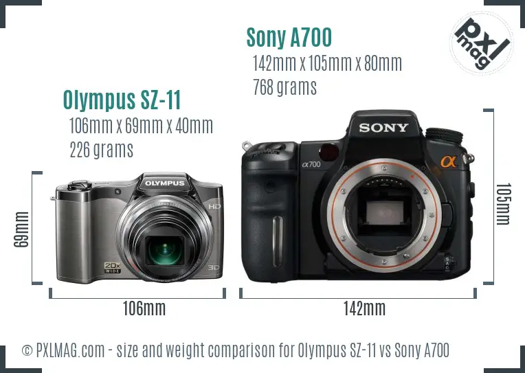 Olympus SZ-11 vs Sony A700 size comparison