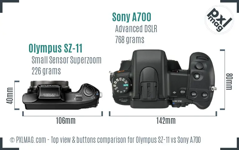Olympus SZ-11 vs Sony A700 top view buttons comparison