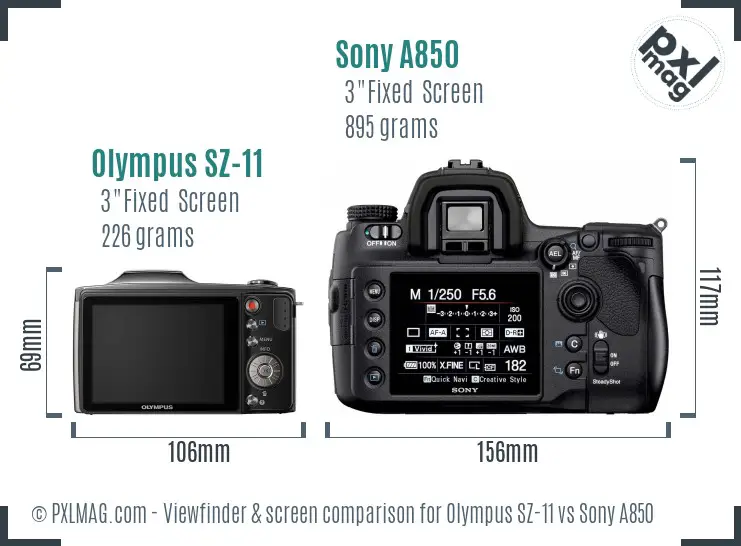Olympus SZ-11 vs Sony A850 Screen and Viewfinder comparison
