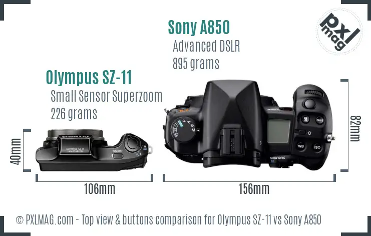 Olympus SZ-11 vs Sony A850 top view buttons comparison