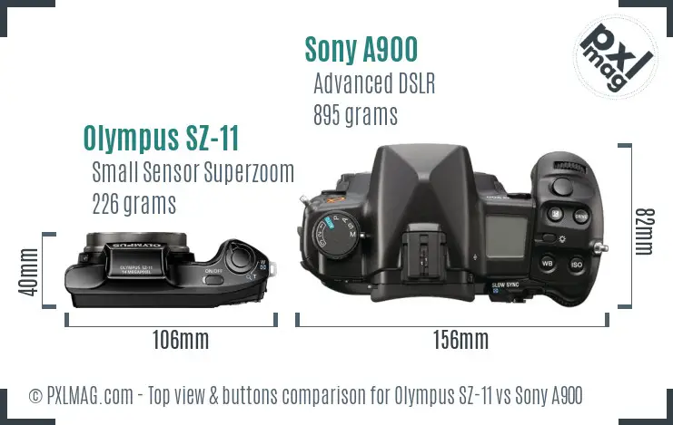 Olympus SZ-11 vs Sony A900 top view buttons comparison