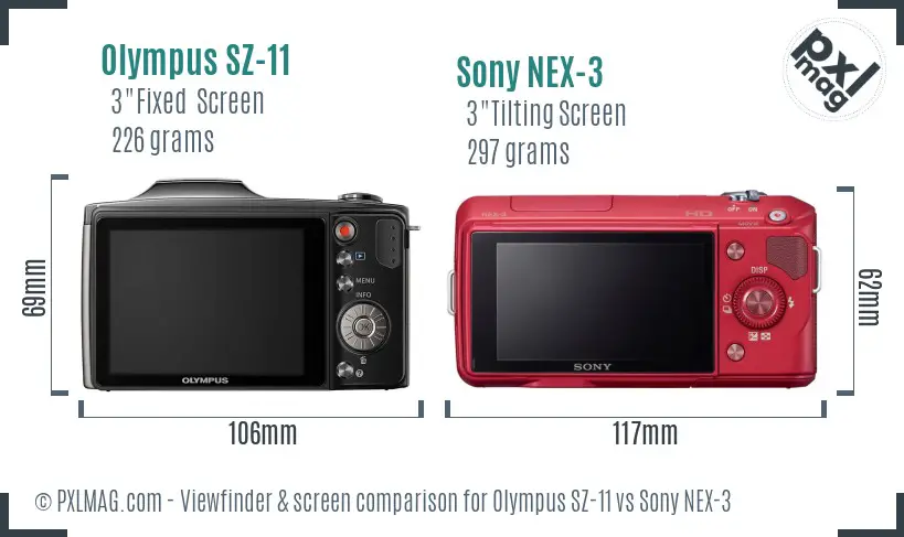 Olympus SZ-11 vs Sony NEX-3 Screen and Viewfinder comparison