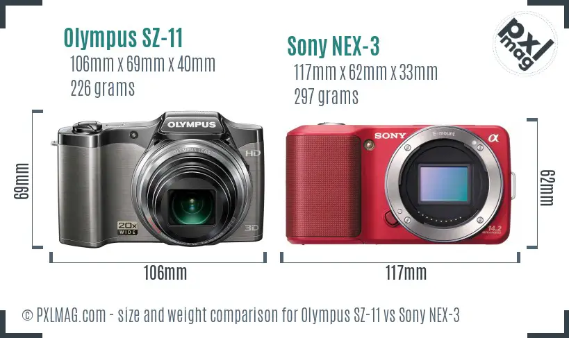 Olympus SZ-11 vs Sony NEX-3 size comparison