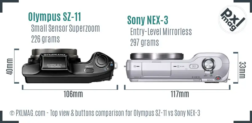 Olympus SZ-11 vs Sony NEX-3 top view buttons comparison