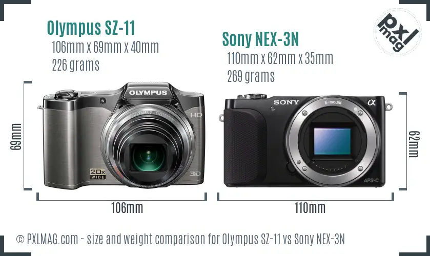 Olympus SZ-11 vs Sony NEX-3N size comparison