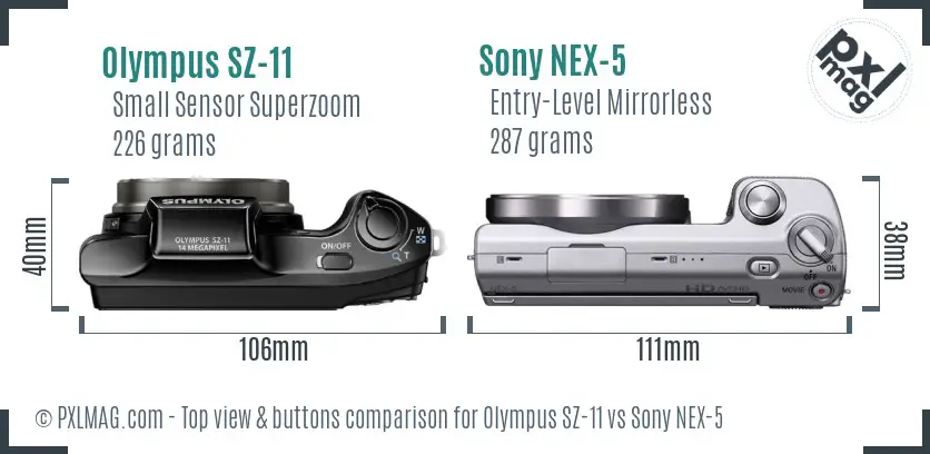 Olympus SZ-11 vs Sony NEX-5 top view buttons comparison