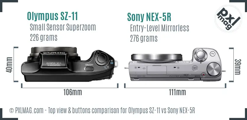 Olympus SZ-11 vs Sony NEX-5R top view buttons comparison