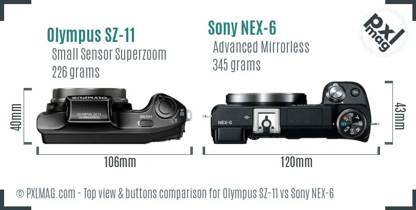 Olympus SZ-11 vs Sony NEX-6 top view buttons comparison