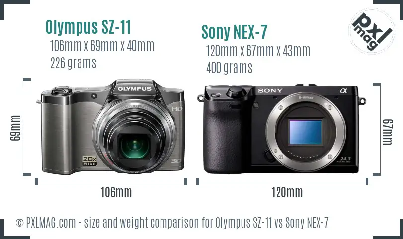 Olympus SZ-11 vs Sony NEX-7 size comparison