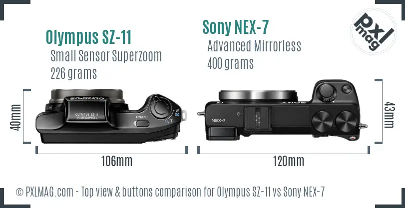 Olympus SZ-11 vs Sony NEX-7 top view buttons comparison