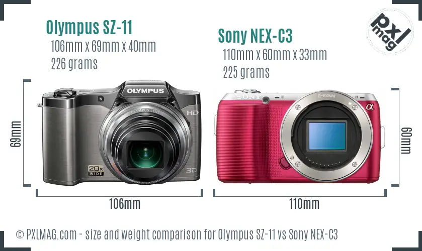 Olympus SZ-11 vs Sony NEX-C3 size comparison