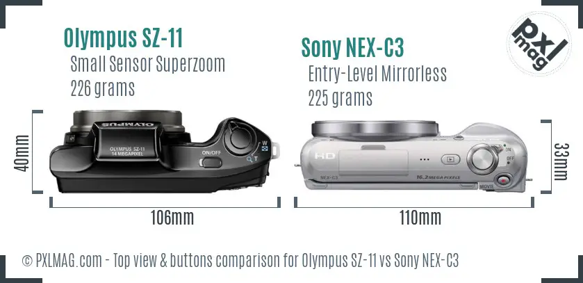 Olympus SZ-11 vs Sony NEX-C3 top view buttons comparison
