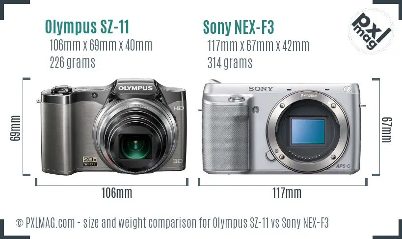 Olympus SZ-11 vs Sony NEX-F3 size comparison