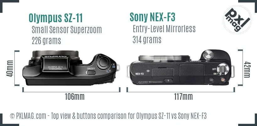 Olympus SZ-11 vs Sony NEX-F3 top view buttons comparison