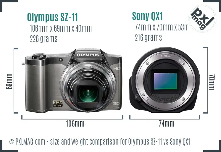 Olympus SZ-11 vs Sony QX1 size comparison