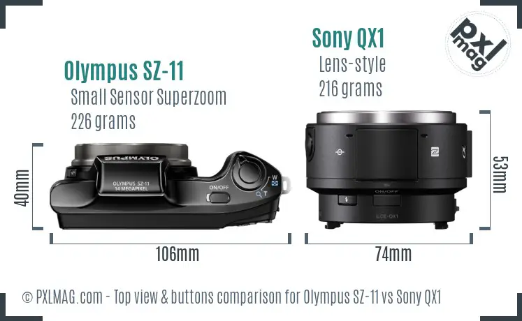 Olympus SZ-11 vs Sony QX1 top view buttons comparison