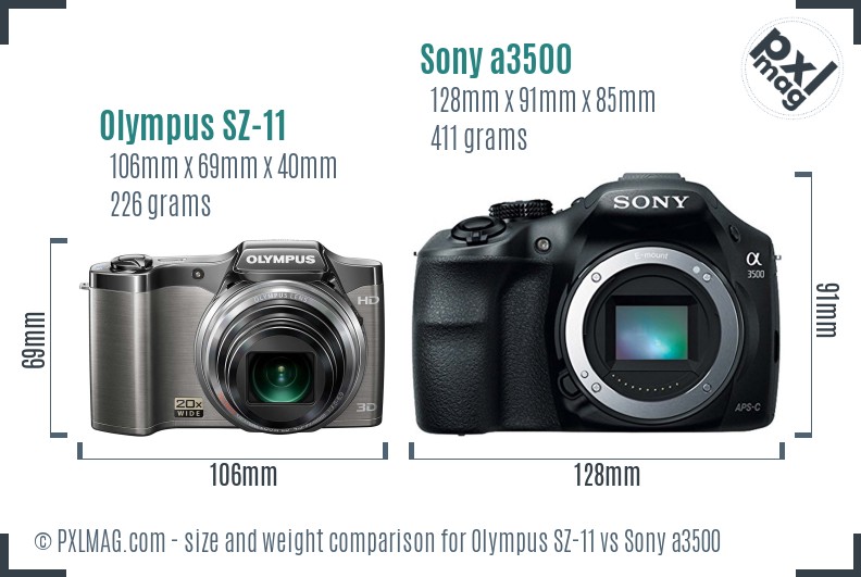 Olympus SZ-11 vs Sony a3500 size comparison