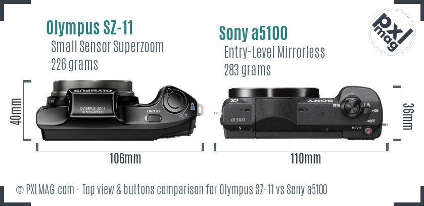Olympus SZ-11 vs Sony a5100 top view buttons comparison