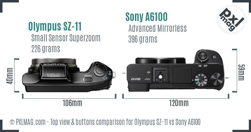 Olympus SZ-11 vs Sony A6100 top view buttons comparison
